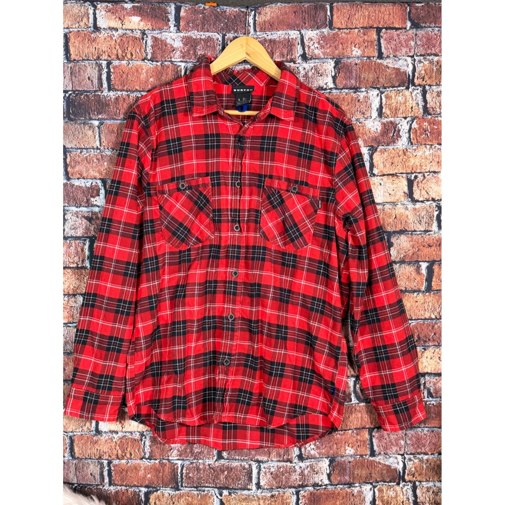 Burton M Favorite Flannel LS Shirt Mens Large Red Black Plaid Button Up 23402